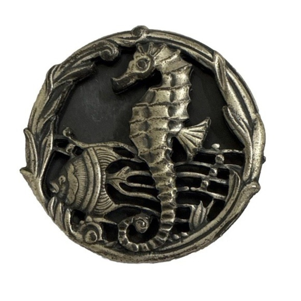 Vintage Seahorse Angel Fish Brooch Pin Silver Tone Round Ocean Nautical